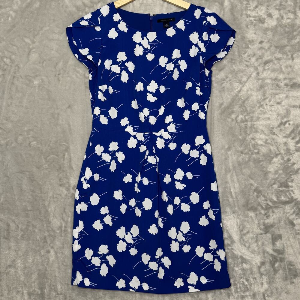 Tommy Hilfiger Dress Womens 2 Blue White Floral Cap Sleeve Sheath Cocktail Work
